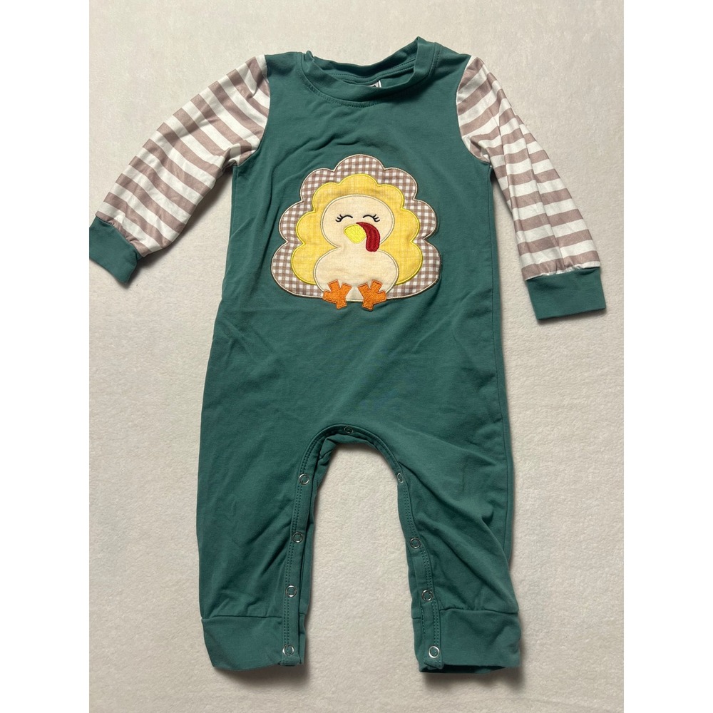 Dash of Glitter 6-12M Romper Thanksgiving Turkey Teal Pink Striped Long Sleeve